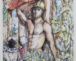        101	Signed Espinosa Pen & Ink and Watercolor	Pen & ink and watercolor, nude in garden landscape. Signed Espinosa lower right and dated 99. 24 1/2" x 17 1/2" (with frame 32 1/4" x 25 1/4").
