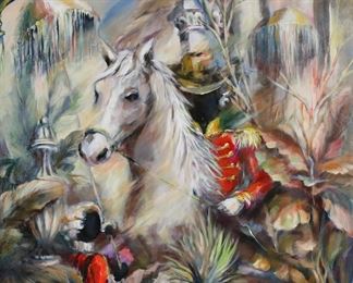        102	Signed Espinosa Oil on Canvas Figure on Horseback	Oil on canvas, figure on horseback. Signed lower right Espinosa and dated 99, and inscribed and dated on verso. 47" x 35 1/2" (with frame 52 7/8" x 41 1/2")..
