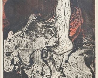        103	Agnes Mills Etching Red Quixote	Agnes Mills (American, 1915-2008). Etching, Red Quixote. Signed, titled and numbered 11/50 in pencil in the lower margin. 9 1/2" x 6" (with frame 19 1/8" x 16 1/8").
