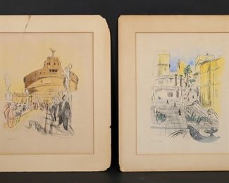        105	2 Richard Seewald Lithographs Cityscapes	Richard Seewald (Germany, 1889-1976). 2 lithographs, cityscapes. Both pencil signed lower right. One titled Engelsburg, one titled illegibly. Each 14" x 12" (with mat 18" x 16"). Both matted and unframed. Both with foxing, toning and discoloration to sheets and mats, chips and tears to corners and edges of mats on both, large diagonal tear from top into through mat and into image on Engelsburg.
