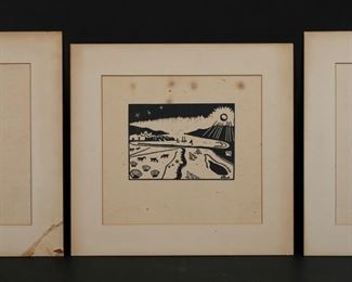        106	3 Richard Seewald Woodcuts	Attributed to Richard Seewald (Germany, 1889-1976). 3 woodcuts. All unsigned. Cityscape with train, image 5 1/2" x 3 5/8" (with mat 14" x 11 1/4"); landscape, 4 3/4" x 6 5/8" (13 1/4" x 14"); animals in wooded landscape, 5 1/2" x 3 7/8" ( 14" x 12"). All matted and unframed. Tears, staining, discoloration and losses to mats on all, discoloration and foxing to paper on all, staining in the upper margin of landscape.
