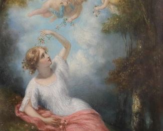          108	Oil on Wood Panel Woman With Cherubs	Oil on wood panel, woman with cherubs. Signed lower right Darcy or Darey, stamped in French on verso. 17 1/2" x 14 1/8" (with frame 24" x 21"). Crazing throughout, cracks and minor losses to gilt frame.

