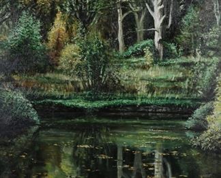        107	Signed Blei Oil on Canvas Landscape	Oil on canvas, impressionist style wooded landscape. Signed lower left Blei and signed and dated 1995 on verso. 23" x 23" (with frame 26 5/8" x 26 5/8").
