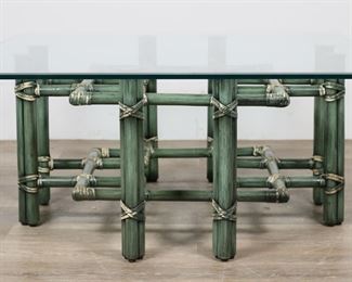        114	McGuire San Francisco Rattan Coffee Table	"Hollywood Regency rattan and glass coffee table produced by McGuire San Francisco. Late 20th century. Square beveled glass top and green painted rattan base. McGuire San Francisco metal tag on underside of base on one section of rattan. Minor scuffs and scratches to glass top. 

38 1/8"" W x 38"" D x 16 5/8"" H."
