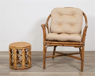        116	Mid Century Modern Rattan Armchair and Stool	"Mid Century Modern rattan armchair and stool. 20th century. Bent rattan chair with two cushions, rush and rattan stool or side table. Scratches, nicks and wear to rattan throughout chair. Separations and fraying to weavings of chair. Small chips and losses to rattan throughout base of stool. Loss and damage to wood on one cross slat on seat of chair, with separations and looseness to two slats.

Chair: 24 5/8"" W x 23 5/8"" D x 32 5/8"" H. Stool: 13 1/4"" H x 12 1/4"" diameter."
octagonal glass top. No maker's marks or labels present. Scratches, scuffs, and wear to glass. Scuffs and wear to bamboo. 

79 7/8"" W x 79 3/4"" D x 29 1/8"" H."
