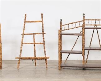        121	Grouping of Aesthetic Movement Bamboo Furniture	"Grouping of Aesthetic Movement furniture. Late 19th century. Including a tiered wall shelf or etagere, easel, and magazine rack or Canterbury. Wear to wood and bamboo throughout all pieces. Scratches to wood on shelves on wall etagere. Later chain to fold-out support on easel. One bamboo piece on center section on magazine rack is loose. Looseness to metal finials and mounts on wall etagere. Finials and mounts missing from front bamboo posts on wall etagere. Repairs to joinery on first and second ""rungs"" across easel. 

Etagere: 33 7/8"" W x 7 1/2"" D x 26 1/2' H. Magazine rack: 15 7/8"" W x 8 3/4"" D x 21 1/4"" H. Easel (folded out) 15 7/8"" W x 10 1/2"" D x 26"" H. Entire lot weighs 13 lbs total."

