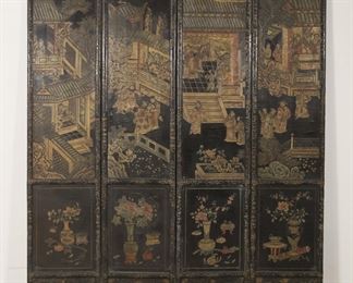        124	Chinese Lacquered Four Panel Folding Screen	"Chinese lacquered four panel folding screen. 20th century. Each side decorated with wooden inlaid scenes of Chinese landscapes, flowers, and figural imperial courts. As is, with chips and losses throughout lacquer and wood of screen. Wear, dirt, fading, and  cracking throughout wood and lacquer of screen. 

Fully extended: 65 1/4"" W x 1 1/8"" D x 72 1/4"" H. Closed: 16 1/8"" W x 4 3/8"" D x 72 1/4"" H."
