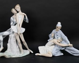             135	2 Lladro Porcelain Figure Groups Dancers	2 Lladro porcelain figure groups, ballerinas with harlequins. 1017, Idyl, 14 1/4"H; and 4935, Closing Scene, 9 1/4"H. Blue Lladro marks to the undersides of both, Idyl artist signed. Small imperfection to ruffles on Closing Scene.

