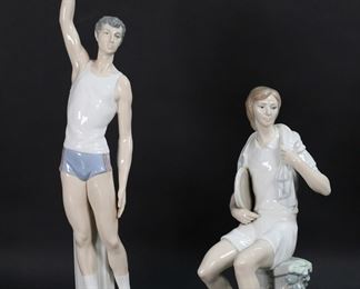        142	2 Lladro Porcelain Figurines Torch Bearer & Tennis	2 Lladro porcelain sports figurines. 5251 Torch Bearer, 16 7/8"H; 4894 Tennis Player Boy, 10 5/8"H. Roughness and glue residue around tennis racket.

