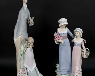        144	2 Lladro Porcelain Figures Violinist & Sisters	2 Lladro porcelain figure groups. Sisters With Flowers, 5013, 12 5/8"H; Violinist and Girl, 1039, 18 3/8"H. Flower petal missing on Sisters, minor chips to flowers on Violinist.

