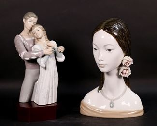        153	2 Lladro Porcelain Figures Dance of Love & Maja	2 Lladro porcelain figures. Dance of Love 5820 figure group, 11 3/8"H not including wooden base; Maja head bust of a woman, 12 1/4"H. Both with blue Lladro marks to the undersides. Minor chip to flower on Maja.
