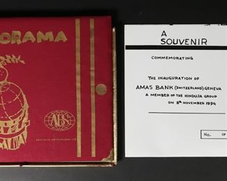        156	M.F. Husain & Srichand P. Hinduja Theorama Folio	Maqbool Fida Husain (India, 1913-2011) with Srichand P. Hinduja. Theorama: 9 Panels on World's Major Religions. Folio, with 10 color prints and 10 accompanying text pages, Amas Bank, Switzerland, 1994. From the limited edition of 1000, not numbered. Each sheet 19 1/8" x 14 1/8". Crease through Islam text page, minor wear to corners of sheets; tears to corners of cardboard interior of folio, tears to paper lining of folio, minor wear to fabric folio.
