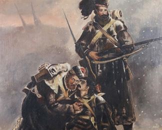        157	After Robert Gibb Oil on Board Comrades	After Robert Gibb (Scotland, 1845-1932). Oil on board, after Gibb's Comrades. Signed and dated J. Forrest 89 lower left. 21 1/2" x 17 1/2" (with frame 31" x 27"). Chips to frame.
