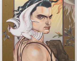        159	Mel Odom Lithograph Falcon Eclipse	Mel Odom (American, 1950-). Lithograph portrait of a man, Falcon Eclipse. Signed with inscription "For Steven, with thanks & love, O." and numbered 215/275 in pencil in the lower margin. 23 1/2" x 19" (with frame 32" x 27").
