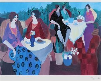        161	Itzchak Tarkay Print Morning Social	Itzchak Tarkay (Israel, 1931-2012). Print women at cafe, Morning Social. Signed in the plate lower right. 17 3/4" x 25 1/2" (with frame 29 5/8" x 37"). Waviness to paper, some staining to linen mat.
