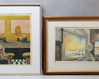        162	Mel Hunter Lithograph & Elie Abrahami Etching	"2 piece art lot.

Mel Hunter (American, 1927-2004), artist's proof lithograph, Victorian Autumn, signed, dated 1979, titled and numbered AP 6/35 in pencil in the lower margin, with artist's info on verso, 12 3/4"" x 17 1/2"" (with frame 21 1/2"" x 26 1/4""); Elie Abrahami (Iran / France / Israel, 1941-), etching with aquatint, interior scene, pencil signed lower right and numbered 56/100 in pencil lower left, 18 3/4"" x 14 (with frame 25 7/8"" x 20 7/8""). Scratches and losses to Hunter frame, Abrahami frame separating at corners."
