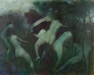        163	Stephen Bagnell Oil on Board La Fete Du Bois	Stephen Bagnell (American, New Jersey, 1930-1996). Oil on Masonite of nudes in forest, La Fete Du Bois. Signed upper right and titled and dated 1976 on verso. 47 1/2" x 59 1/2" (with frame 53 3/4" x 65 3/4"). Horizontal scratches upper right.
