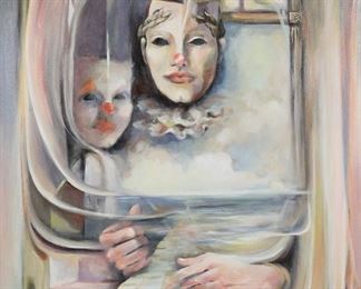        166	Signed Espinosa Surrealist Oil on Canvas	Surrealist oil on canvas, clowns rolling dice. Signed lower right Espinosa and dated 97. 39 1/2" x 29 1/2" (with frame 48 3/4" x 38 1/2").
