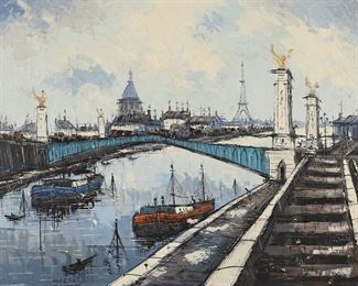        165	Signed Gerard Oil on Canvas Paris Cityscape	Oil on canvas, Paris cityscape. Signed lower left Gerard. 23 1/2" x 29 1/2" (with frame 32 1/4" x 38 1/4"). Crazing and paint loss throughout, hole lower right.
