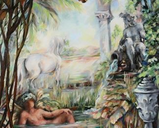        168	Signed Espinosa Oil on Canvas Nude in Garden	Oil on canvas, nude with horse in garden landscape. Signed lower right Espinosa and dated 99. 39 1/2" x 39 1/2" (with frame 46 1/4" x 46 1/4"). Chips to frame.
