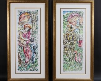        167	2 Signed Espinosa Pen & Ink and Watercolors	2 pen & ink and watercolors. Knight and mother with children. Both signed Espinosa and dated 99 lower right. Each 23 1/4" x 8 7/8" (with frame 29 3/8" x 15").
