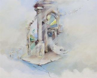        169	Signed Espinosa Surrealist Oil on Canvas	Surrealist oil on canvas, structure in the sky. Signed lower right Espinosa. 19 1/2" x 15 1/2" (with frame 25 1/2" x 21 3/4"). Chips to frame.
