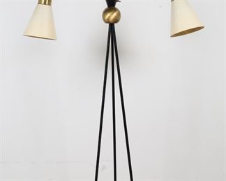        189	Walter Von Nessen Style Mid Century Floor Lamp	"Mid Century Modern atomic floor lamp in the style of Walter Von Nessen (German-American, 1899-1943). 20th century. Atomic style floor lamp with brass ring base, tripod form, and two composite shades on adjustable arms. ""6392"" impressed into metal on underside of base. Tarnishing and wear to brass on base and ball on top of tripod. Lamp has been tested and is in working order. 

73"" H (with arms fully extended up) x 11 1/2"" diameter of base. Lamp is 47 1/2"" tall from bottom of base to beginning of adjustable arms. 14 lbs."
