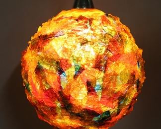        186	Mid-Century Spun Fiberglass Hanging Light	Mid-century modern swag pendant hanging light. Spun fiberglass or plastic, multi-colored. 14"H including fitting at top, approximately 12"-diameter. Cracks, losses and repairs at top, one spun piece loose inside.
