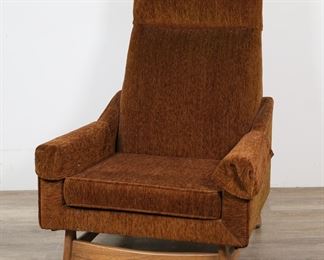        191	Adrian Pearsall Style Mid Century Lounge Chair	"Mid Century Modern lounge chair in the style of Adrian Pearsall (Trumansburg, NY, 1925-2011). 20th century. High back lounge chair with brown upholstery, arm covers, and sculptural form wooden legs and stretcher. No maker's mark or label present. Scuffs, scratches, chips, and water damage to wood on legs and stretcher of chair. Wear and pilling to upholstery. Splits and cracking to wood and joinery of stretcher. 

30 1/8"" W x 31"" D x 42 5/8"" H. 49 lbs."
