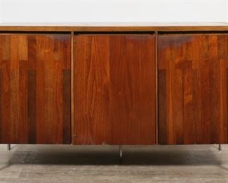        195	Lane Mid Century Modern Sideboard	"Mid Century Modern sideboard by Lane. Altavista, VA, 20th century. Chrome legs, three doors, interior with one shelf and two drawers, the top with flatware organizer. Lane brand mark on inside of top drawer and on silverware organizer. Serial number ""3966220"" stamped on back of sideboard.   Heavy scuffs, mold, wear, and losses to wood and finish on top of sideboard. Wear, chips and losses to veneer on edges of doors. Top drawer slides loosely on track. Chip to wood on top right corner of top drawer. Chips and nicks to wood on edges of left and right sides of sideboard. Scratch to wood on left side of sideboard. Scuffs and wear to chrome of legs.

52"" W x 18"" x 30"" H. 128 lbs."
