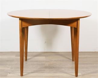        197	Mid Century Dinette Table Attributed to Lane	"Mid Century Modern dinette table attributed to the Lane Furniture company. 20th century. Walnut, angular legs, circular burl inlay. Watertown slide stamped on underside of table slide mechanism. With three additional leaves. No other maker's marks or labels present. Scuffs and nicks to wood of legs. Light scratches to wood on top of table. Small chip to wood on top of table. Heavy scratches, wear, and scuffs throughout all three table leaves. 

29 1/4"" H x 42 7/8"" diameter of top. With all leaves in: 78 1/2"" W x 43"" D x 29 1/4"" H. Total weight of table and leaves is 70 lbs."
