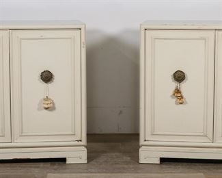        200	Pair of Mid Century James Mont Style Chests	"Pair of Mid Century Modern chest of drawers in the style of James Mont (Turkish-American, 1904- 1978). 20th century. Ming-style Chinese form feet, brass door pulls, and three slide-out drawers. No maker's marks or labels present. Heavy scratches, chips, and losses to paint and wood on tops of both chests. Chips and losses to paint and wood along bottom edge on right side of one chest. Tarnishing to metal door pulls. Scuffs and marks throughout sides of both chests. Chips to Ming style feet of both chests. Separation of wood and molding from left front foot on one chest. 

36"" W x 20 1/8"" D x 34"" H. Each chest weighs 104 lbs."
