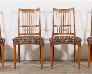        203	Svante Skogh for Seffle Swedish Modern Chairs	"Svante Skogh (Swedish, 20th century). Four Scandinavian Modern dining chairs for Seffle Möbelfabrik. Dowel legs and upholstered floral seats. Seffle brand mark and ""MADE IN SWEDEN"" stamped into undersides of chairs. Urban Furniture Company NYC label on undersides of two chairs. Small nicks and scratches to backs and rails of chairs. Scratches and scuffs to wood on legs of chairs. 

19 1/2"" W x 20 1/8"" x 35 7/8"" H. Seat height 18 5/8"" H. Each chair weighs 11 lbs."
