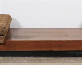        207	Mid Century Modern Modular Coffee and Side Tables	"Mid Century Modern modular set of a side table and coffee table with storage space. 20th century. Both with veneered and painted pressboard bases. Coffee table ends in upholstered section with cushion which slides out for storage. Coffee table with offset platform design and one drop down door. Staining and wear to wood on top of both tables. Wear and pilling to upholstery and cushion and tear to underside of cushion of coffee table. Chips, gouges and losses throughout pressboard of both tables. 

Coffee table: 71 1/2"" W x 30 3/8"" D x 15 1/4"" H. Side table: 22 3/4"" W x 31"" D x 15 1/2"" H. Lot weighs 146 lbs. total."
