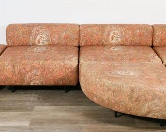        209	Harvey Probber Six Piece Cubo Sectional Sofa	"Harvey Probber (New York, 1922-2003). 'Cubo' sofa by Harvey Probber Inc. Fall River, Mass. 20th century. Bird and floral designed upholstery and metal legs. With one corner section, two sections with backs, and three pie-slice form ottomans. Harvey Probber labels on underside of each section of sofa. Wear, fading, and staining throughout upholstery on each section of sofa. Heavy fading to slice-form ottoman pieces. Tear to upholstery on two ottomans and one sectional piece. 

Corner: 32 1/2"" W x 32"" D x 24 1/2"" H. Section with back: 32 1/2"" W x 32"" D x 24 1/2"" H. Ottoman: 32"" W x 32"" D x 14 1/2"" H. 157 lbs. total."
