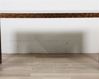        212	John Widdicomb Mid Century Modern Console Table	"Mid Century Modern console table by the John Widdicomb Company. Grand Rapids, MI, 20th century. Block legs and faux tortoiseshell design. John Widdicomb Co. metal tag on underside of top on center stretcher. Scratches and wear to wood on top of table. Scuffs, chips, and losses to wood on edges of top and legs. Large gouge to wood on one side of apron. Losses and small separation to wood and top on one corner of table.

56"" W x 20"" D x 28 1/8"" H. 32 lbs."
