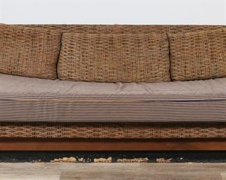        216	Mid Century Modern Sleeper Sofa	"Mid Century Modern sleeper sofa. 20th century. Painted and veneered pressboard platform base with five back cushions and long seat cushion. Original mattress is no longer present. As is, with chips, gouges, and losses to pressboard throughout base. Tears and wear to upholstery of cushions and sofa. 

85"" W x 33 5/8"" D x 29"" H. Seat cushion is 89 1/2"" W. 229 lbs."
