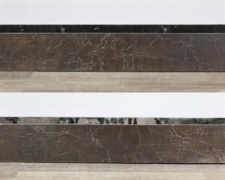        218	Pair of Silas Seandel Style  Wall Planters	"Pair of Brutalist copper wall planters in the style of Silas Seandel (New York, NY, born 1937). 20th century. Wooden planters clad with copper. No apparent signature or maker's marks. As is, with rusting, oxidization, mold, wear, and dirt throughout both planters. Splits and separations of copper from wood of both planters. Pilot holes throughout backs of both planters. 

 72 1/8"" W x 11"" W x 8"" H."
