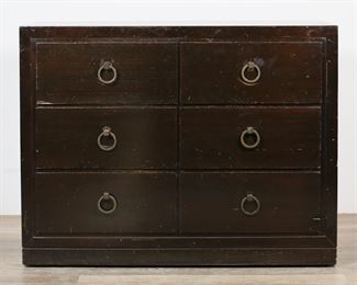        220	Tommi Parzinger Style Mid Century Chest of Drawers	"Mid Century Modern chest of drawers in the style of Tommi Parzinger (German-American, 1903-1981). Produced by Plymouth Wood Products Company, New York, 20th century. Three drawers, each with two ring pulls. Top drawer with divided section. Plymouth Wood Products metal tag on inside of top drawer. Stains, scratches, wear, and water damage throughout top of chest. Scratches, scuffs and wear to wood on front and left and right sides of chest. Chips and losses to wood and veneer on drawer fronts. Tarnishing and wear to metal of ring pulls.

44"" W x 20"" D x 34 1/8"" H. 146 lbs."
