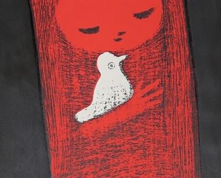        224	Kaoru Kawano Woodblock Girl With Bird	Kaoru Kawano (Japan, 1916-1965). Woodblock print, girl with bird. Red chop mark lower left and seal on verso. Unframed. Sheet 16 1/2" x 11 1/4". Minor creasing to margins.
