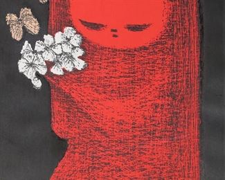        227	Kaoru Kawano Woodblock Girl With Flowers	Kaoru Kawano (Japan, 1916-1965). Woodblock print, girl with flowers. Red chop mark lower right and seal on verso. Unframed. Sheet 16 1/2" x 11 1/4". Minor creasing to margins.
