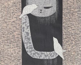        228	Karou Kawano Woodblock Girl With Doves	Kaoru Kawano (Japan, 1916-1965). Woodblock print, girl with birds. Red chop mark lower left and seal on verso. Unframed. Sheet 16 1/2" x 11 1/4". Minor creasing to margins.
