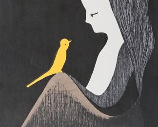        229	Kaoru Kawano Woodblock Girl With Yellow Bird	Kaoru Kawano (Japan, 1916-1965). Woodblock print, girl with yellow bird. Red chop mark lower right and seal on verso. Unframed. Sheet 16 1/2" x 11 1/8". Creasing to margins to lower left corner of image.
