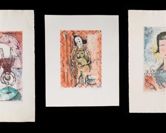        230	3 Junsuke Watarai Etchings	Junsuke Watarai (Japan, 1936-). 3 etchings. Circus Parent and Child, signed, dated 71, titled and numbered 40/50 in pencil in the lower margin, sheet 19 5/8" x 12 5/8"; Blue Cat, signed, dated 71, titled and numbered 41/50 in pencil in the lower margin, sheet 14 3/4" x 10 7/8"; Clown, signed, dated 72, titled and numbered 22/50 in pencil in the lower margin, sheet 15 3/8" x 12 1/2". All unframed.
