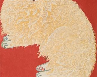        232	Shiro Kasamatsu Woodblock White Cat	Shiro Kasamatsu (Japan, 1898-1991). Woodblock print, White Cat. Signed and with red chop mark lower left, and titled and dated 1972 in the lower margin, numbered in pencil 23/100 lower right with embossed seal. Sheet 16 1/2" x 11" (with mat 19" x 13"). Sheet partially attached to mount, staining, tears and discoloration to mat.
