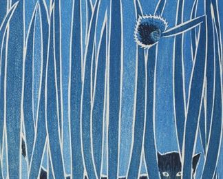        231	Shiro Kasamatsu Woodblock Cat & Leeks	Shiro Kasamatsu (Japan, 1898-1991). Woodblock print, Cat and Leeks. Signed and with red chop mark lower left, and titled and dated 1958 in the lower margin, numbered in pencil 93/100 D with embossed mark lower right. Sheet 16 5/8" x 11 1/4" (with mat 19" x 13 1/8"). Sheet partially attached to mount; staining, tears and discoloration to mat.
