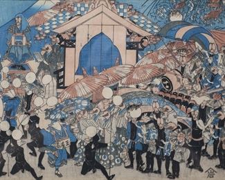        233	Japanese Block Print Street Scene	Japanese woodblock print, street scene with dogs or inugami. 9 1/2" x 14 1/2" (with frame 16 1/4" x 20 5/8"). 3 small holes upper left.
