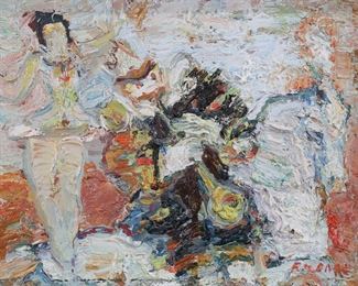        234	Yitzhak Frenkel-Frenel Oil on Canvas Circus Scene	Yitzhak Frenkel-Frenel (Ukraine, 1899-1981). Oil on canvas, circus scene with clown and acrobat. Signed lower right Frenel. 7" x 9" (with frame 12" x 14"). Some crazing, minor chips and losses to corners of frame.
