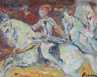        235	Yitzhak Frenkel-Frenel Oil on Canvas Circus Scene	Yitzhak Frenkel-Frenel (Ukraine, 1899-1981). Oil on canvas, circus scene with horses. Signed lower right Frenel. 7" x 9" (with frame 12" x 14"). Some crazing, minor chips and losses to corners of frame.
