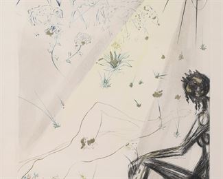        237	After Salvador Dali Etching The Shepherd	After Salvador Dali (Spain, 1904-1989). Artist's proof etching with embellishments, The Shepherd, from Song of Songs of Solomon. Pencil signed lower right and numbered E.A. in pencil lower left. Plate 15 1/2" x 9 3/4" (with frame 28" x 21 1/2"). Some waviness to mat along left side, discoloration to mat.
